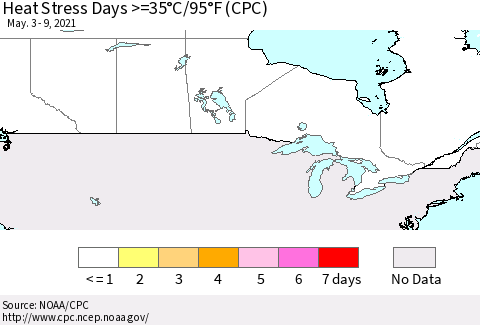 Canada Heat Stress Days >=35°C/95°F (CPC) Thematic Map For 5/3/2021 - 5/9/2021