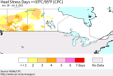 Canada Heat Stress Days >=35°C/95°F (CPC) Thematic Map For 6/28/2021 - 7/4/2021