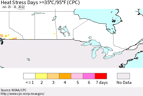 Canada Heat Stress Days >=35°C/95°F (CPC) Thematic Map For 7/25/2022 - 7/31/2022