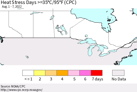 Canada Heat Stress Days >=35°C/95°F (CPC) Thematic Map For 8/1/2022 - 8/7/2022