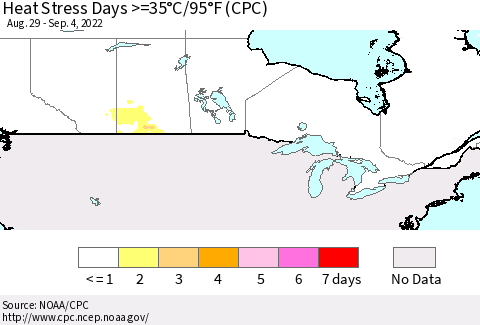 Canada Heat Stress Days >=35°C/95°F (CPC) Thematic Map For 8/29/2022 - 9/4/2022
