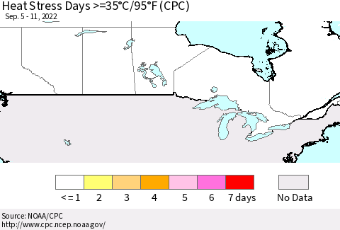 Canada Heat Stress Days >=35°C/95°F (CPC) Thematic Map For 9/5/2022 - 9/11/2022