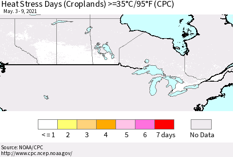 Canada Heat Stress Days (Croplands) >=35°C/95°F (CPC) Thematic Map For 5/3/2021 - 5/9/2021