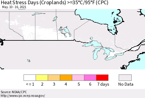Canada Heat Stress Days (Croplands) >=35°C/95°F (CPC) Thematic Map For 5/10/2021 - 5/16/2021