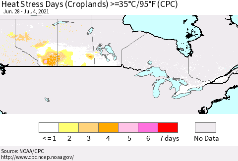 Canada Heat Stress Days (Croplands) >=35°C/95°F (CPC) Thematic Map For 6/28/2021 - 7/4/2021