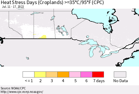 Canada Heat Stress Days (Croplands) >=35°C/95°F (CPC) Thematic Map For 7/11/2022 - 7/17/2022