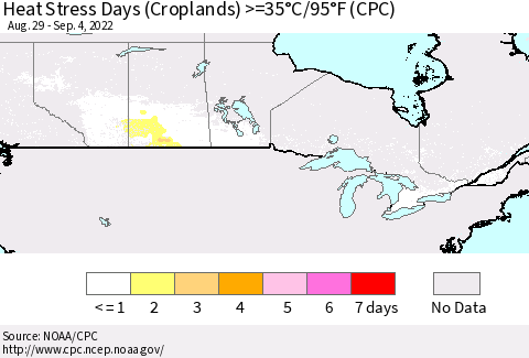 Canada Heat Stress Days (Croplands) >=35°C/95°F (CPC) Thematic Map For 8/29/2022 - 9/4/2022