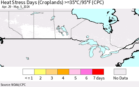 Canada Heat Stress Days (Croplands) >=35°C/95°F (CPC) Thematic Map For 4/29/2024 - 5/5/2024