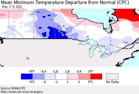 Canada Mean Minimum Temperature Departure from Normal (CPC) Thematic Map For 5/3/2021 - 5/9/2021