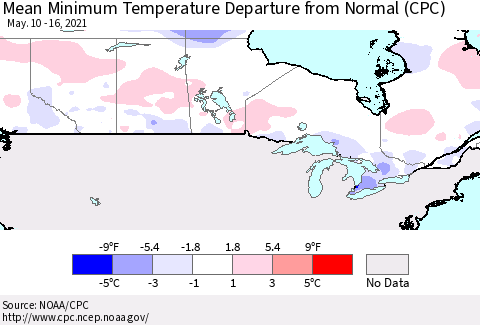 Canada Mean Minimum Temperature Departure from Normal (CPC) Thematic Map For 5/10/2021 - 5/16/2021