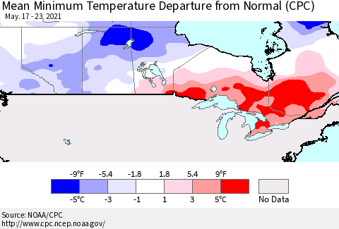 Canada Mean Minimum Temperature Departure from Normal (CPC) Thematic Map For 5/17/2021 - 5/23/2021