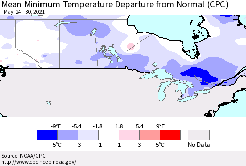 Canada Mean Minimum Temperature Departure from Normal (CPC) Thematic Map For 5/24/2021 - 5/30/2021