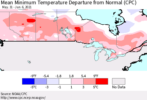 Canada Mean Minimum Temperature Departure from Normal (CPC) Thematic Map For 5/31/2021 - 6/6/2021