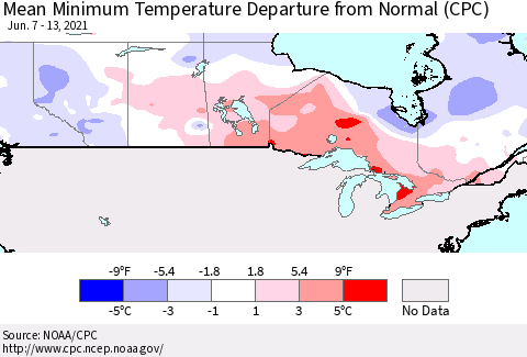 Canada Mean Minimum Temperature Departure from Normal (CPC) Thematic Map For 6/7/2021 - 6/13/2021