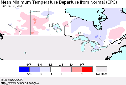 Canada Mean Minimum Temperature Departure from Normal (CPC) Thematic Map For 6/14/2021 - 6/20/2021