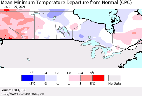 Canada Mean Minimum Temperature Departure from Normal (CPC) Thematic Map For 6/21/2021 - 6/27/2021