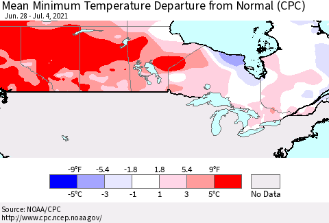 Canada Mean Minimum Temperature Departure from Normal (CPC) Thematic Map For 6/28/2021 - 7/4/2021