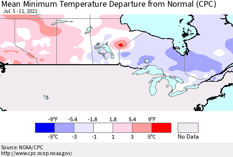 Canada Mean Minimum Temperature Departure from Normal (CPC) Thematic Map For 7/5/2021 - 7/11/2021