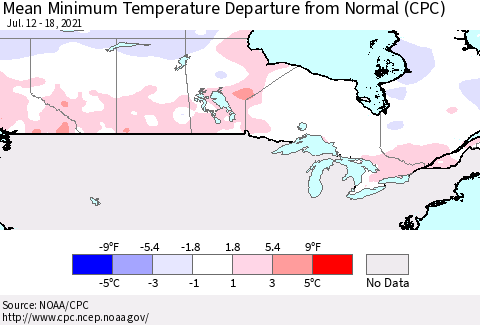 Canada Mean Minimum Temperature Departure from Normal (CPC) Thematic Map For 7/12/2021 - 7/18/2021