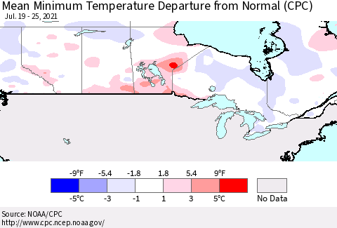Canada Mean Minimum Temperature Departure from Normal (CPC) Thematic Map For 7/19/2021 - 7/25/2021