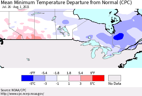 Canada Mean Minimum Temperature Departure from Normal (CPC) Thematic Map For 7/26/2021 - 8/1/2021