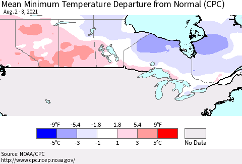 Canada Mean Minimum Temperature Departure from Normal (CPC) Thematic Map For 8/2/2021 - 8/8/2021