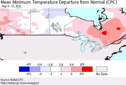 Canada Mean Minimum Temperature Departure from Normal (CPC) Thematic Map For 8/9/2021 - 8/15/2021
