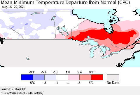 Canada Mean Minimum Temperature Departure from Normal (CPC) Thematic Map For 8/16/2021 - 8/22/2021