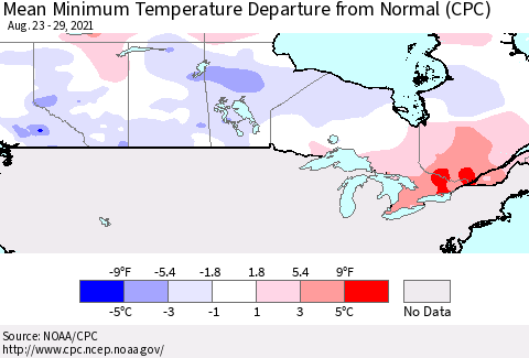 Canada Mean Minimum Temperature Departure from Normal (CPC) Thematic Map For 8/23/2021 - 8/29/2021