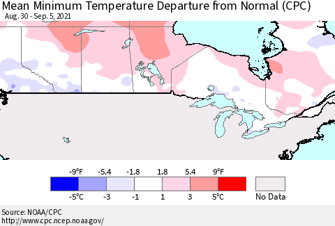 Canada Mean Minimum Temperature Departure from Normal (CPC) Thematic Map For 8/30/2021 - 9/5/2021
