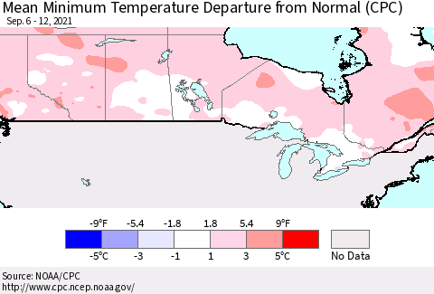 Canada Mean Minimum Temperature Departure from Normal (CPC) Thematic Map For 9/6/2021 - 9/12/2021
