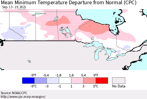 Canada Mean Minimum Temperature Departure from Normal (CPC) Thematic Map For 9/13/2021 - 9/19/2021