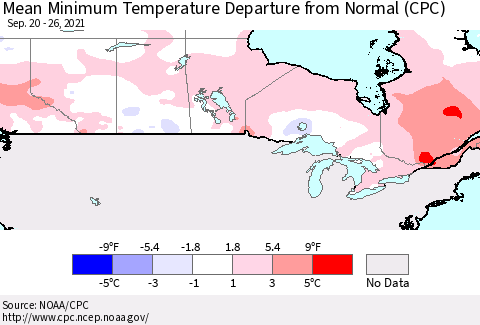 Canada Mean Minimum Temperature Departure from Normal (CPC) Thematic Map For 9/20/2021 - 9/26/2021