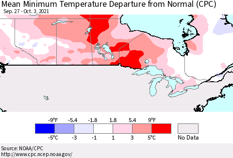 Canada Mean Minimum Temperature Departure from Normal (CPC) Thematic Map For 9/27/2021 - 10/3/2021