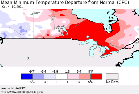 Canada Mean Minimum Temperature Departure from Normal (CPC) Thematic Map For 10/4/2021 - 10/10/2021