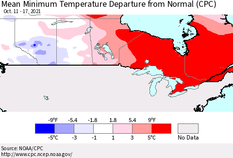 Canada Mean Minimum Temperature Departure from Normal (CPC) Thematic Map For 10/11/2021 - 10/17/2021