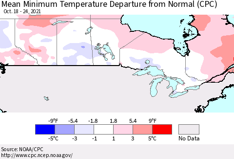 Canada Mean Minimum Temperature Departure from Normal (CPC) Thematic Map For 10/18/2021 - 10/24/2021