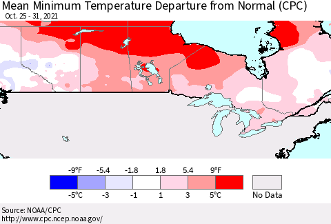 Canada Mean Minimum Temperature Departure from Normal (CPC) Thematic Map For 10/25/2021 - 10/31/2021