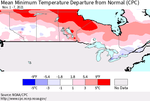 Canada Mean Minimum Temperature Departure from Normal (CPC) Thematic Map For 11/1/2021 - 11/7/2021