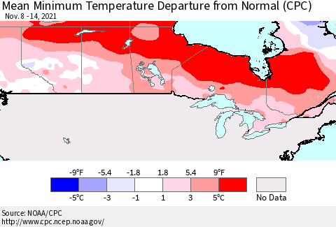 Canada Mean Minimum Temperature Departure from Normal (CPC) Thematic Map For 11/8/2021 - 11/14/2021