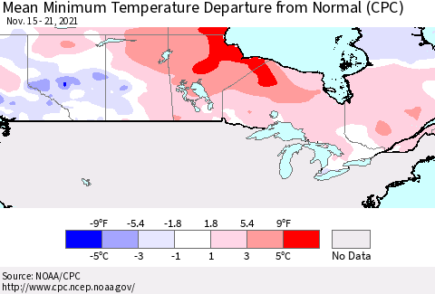 Canada Mean Minimum Temperature Departure from Normal (CPC) Thematic Map For 11/15/2021 - 11/21/2021