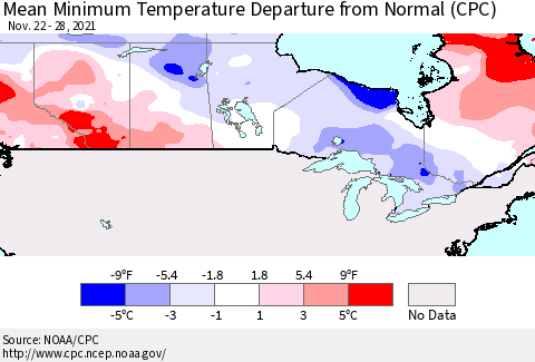 Canada Mean Minimum Temperature Departure from Normal (CPC) Thematic Map For 11/22/2021 - 11/28/2021