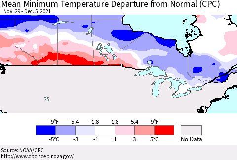 Canada Mean Minimum Temperature Departure from Normal (CPC) Thematic Map For 11/29/2021 - 12/5/2021