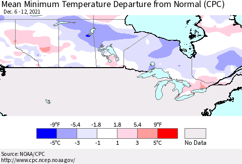 Canada Mean Minimum Temperature Departure from Normal (CPC) Thematic Map For 12/6/2021 - 12/12/2021