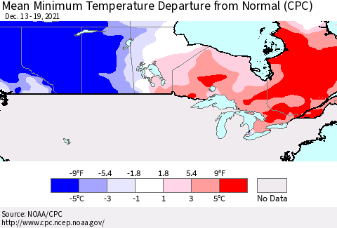 Canada Mean Minimum Temperature Departure from Normal (CPC) Thematic Map For 12/13/2021 - 12/19/2021