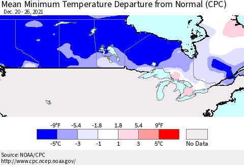 Canada Mean Minimum Temperature Departure from Normal (CPC) Thematic Map For 12/20/2021 - 12/26/2021