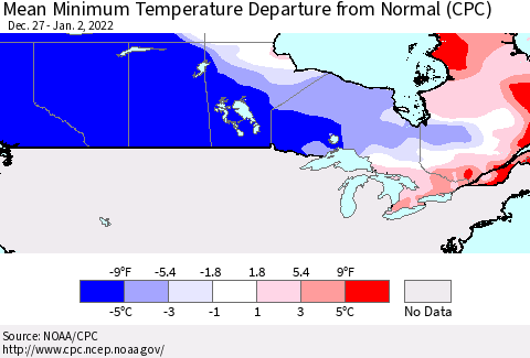 Canada Mean Minimum Temperature Departure from Normal (CPC) Thematic Map For 12/27/2021 - 1/2/2022