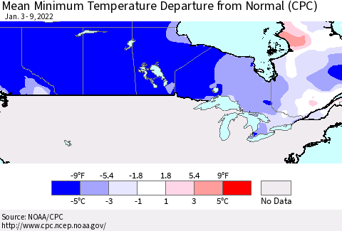 Canada Mean Minimum Temperature Departure from Normal (CPC) Thematic Map For 1/3/2022 - 1/9/2022