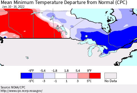 Canada Mean Minimum Temperature Departure from Normal (CPC) Thematic Map For 1/10/2022 - 1/16/2022