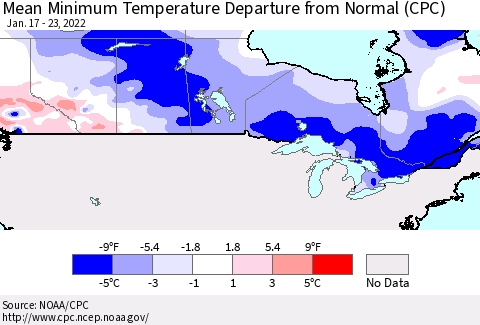 Canada Mean Minimum Temperature Departure from Normal (CPC) Thematic Map For 1/17/2022 - 1/23/2022